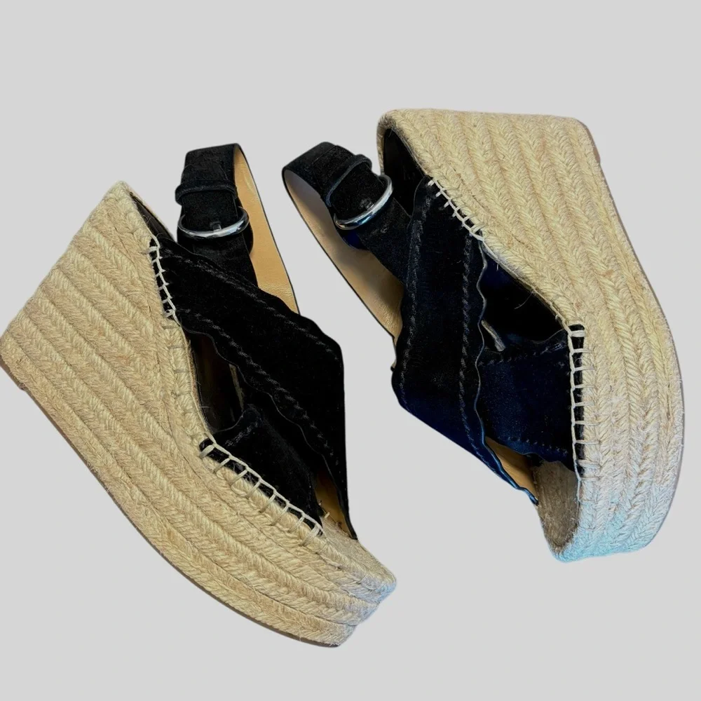 Marc Fisher Mlaria Black Suede Tan  Espadrille Wedge Platform Sandals